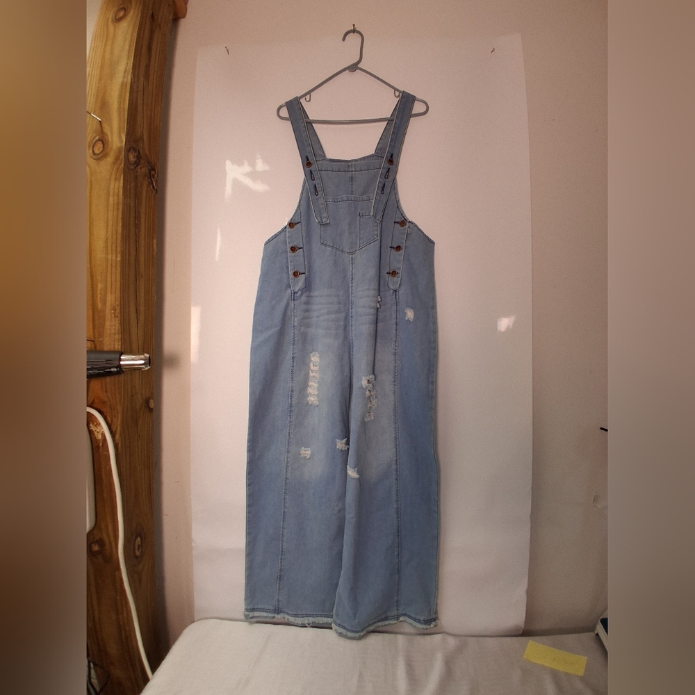 Light Blue Denim Loose Fit Wide Leg Overalls